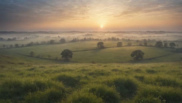 The sun breaks through a veil of clouds, casting a golden glow over a field of lush green grass. A thin layer of mist hangs low, obscuring the distant trees and creating an ethereal atmosphere. Several solitary trees stand tall in the field, their branches silhouetted against the sky.