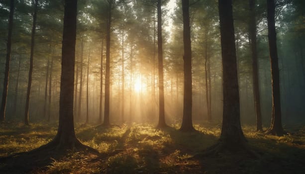 The sun's rays pierce through the thick canopy of trees, casting a warm golden glow on the forest floor, while fog gently swirls around the towering trunks.