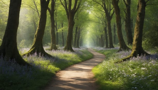 A winding dirt path cuts through a lush forest, lined with vibrant wildflowers and shrouded in a mystical mist. Sunlight streams through the trees, creating a serene and ethereal atmosphere.