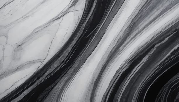 A close-up image of a polished marble surface with flowing, abstract patterns in shades of black, white, and gray. The veins of the marble twist and turn, creating a dynamic and captivating visual.