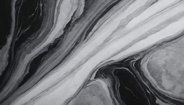 A close-up image of a black and white abstract painting. The painting features swirling patterns of ink, creating a hypnotic and mesmerizing effect. The artist has used a variety of brushstrokes and techniques to create the texture and depth of the piece.