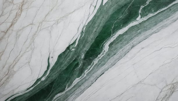 A close-up view of a smooth marble surface, revealing intricate patterns of swirling veins in shades of deep emerald green and soft white. The veins meander across the surface, creating an abstract, organic design.
