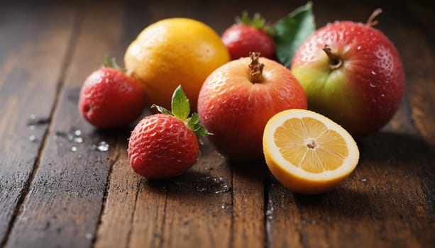 A vibrant mix of ripe fruits, including strawberries, kiwi, and apples, are artfully arranged on a weathered wooden surface. The natural light casts a warm glow on the glossy surfaces, highlighting the freshness and juiciness of the fruit.