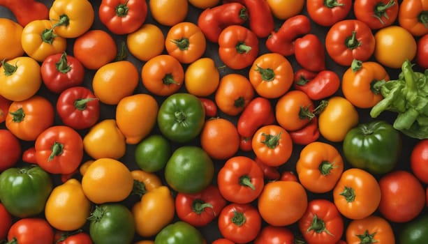 A vibrant and colorful array of red, orange, yellow, and green tomatoes and peppers. The various shades of the produce create a captivating visual experience, highlighting the natural beauty of these common vegetables. The image captures the freshness and variety of these ingredients, ripe for the taking.