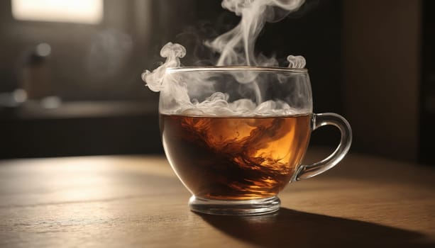 A steaming cup of iced coffee rests on a wooden table, a single ice cube visible within the dark liquid. The soft light and gentle steam create a peaceful and inviting atmosphere.