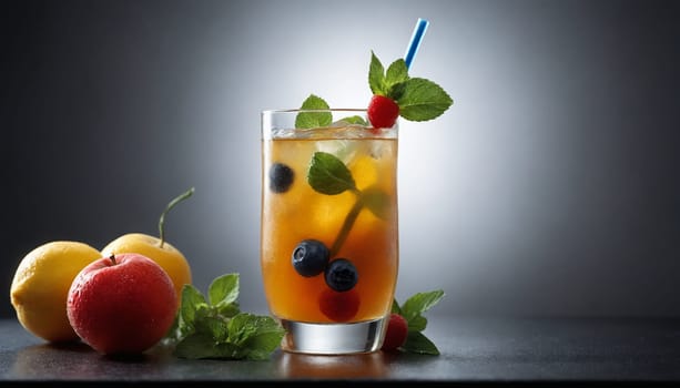 A tall glass filled with a refreshing beverage, adorned with fresh mint and juicy blueberries. Ice cubes clink together as the drink shimmers in the light, promising a cool escape from the summer heat.
