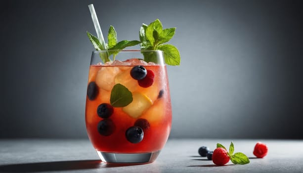 A tall glass filled with a refreshing beverage, adorned with fresh mint and juicy blueberries. Ice cubes clink together as the drink shimmers in the light, promising a cool escape from the summer heat.