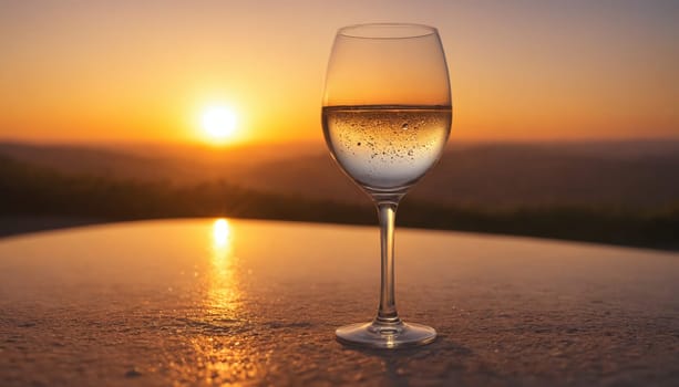 Two tall champagne flutes sit side by side on a sandy beach, their contents sparkling in the golden light of the setting sun. The water in the background reflects the vibrant hues of the sky as the sun dips below the horizon.