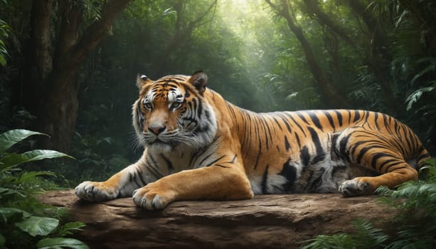 A magnificent tiger, with its striking orange and black stripes, lies peacefully on a fallen log in a dense, green jungle. Sunlight filters through the canopy, illuminating the tiger's fur and casting long shadows on the forest floor. The tiger's gaze is fixed on something in the distance, its powerful presence commanding respect and awe.