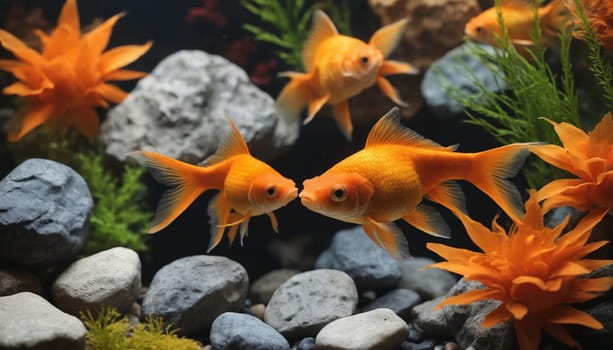 Two golden goldfish swim near each other in a beautifully decorated aquarium, their vibrant scales contrasting with the lush green plants and smooth gray rocks. A third goldfish is visible in the foreground, suggesting a peaceful and vibrant underwater ecosystem.