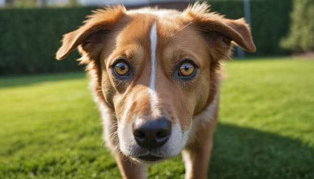A golden brown dog with a white stripe down its nose stares intensely at the camera. Its brown eyes are wide with curiosity, and its mouth is slightly open, as if it is about to bark. The dog is standing on a lush green lawn, bathed in the warm sunlight of an afternoon.