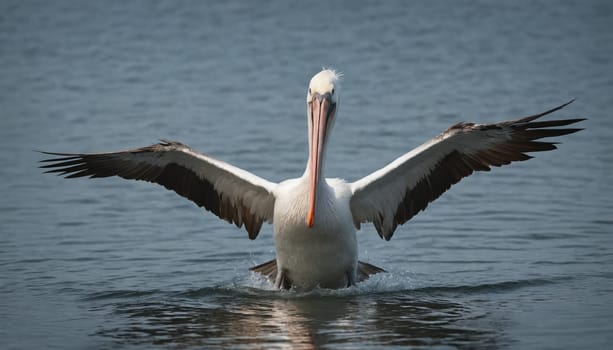 A pelican with its wings outstretched, gracefully splashes down into the calm, blue water. The pelican's long beak and white feathers stand out against the dark blue of the water, creating a striking visual contrast. The image captures the bird's elegance and power as it transitions from flight to landing.