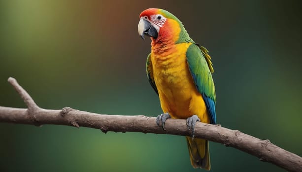 A sun parakeet with vibrant green, yellow, and red feathers perches on a branch, its head tilted slightly to the side. The bird is surrounded by a soft, blurry background of green and brown, suggesting a lush forest environment. The light is soft and warm, hinting at the early morning hours.
