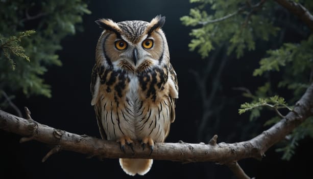 A majestic owl with bright yellow eyes rests on a branch in a dark, lush forest. The owl's feathers are beautifully patterned, and the soft light of dusk illuminates its features. The forest background is filled with the shadows of trees, creating an atmosphere of mystery and tranquility.