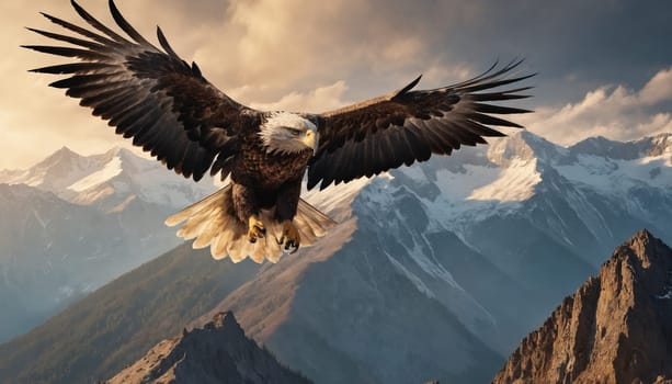 A majestic bald eagle, with its wings fully extended, glides effortlessly through the air against a backdrop of snow-capped mountain peaks. The eagle's sharp gaze and powerful presence dominate the scene, highlighting its dominance and freedom. The contrasting colors of the eagle's plumage and the white snow create a visually captivating image.