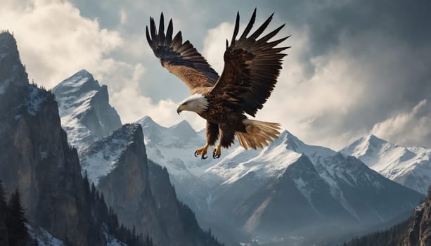 A majestic bald eagle with powerful wings spreads its feathers as it gracefully glides through the air, soaring high above a breathtaking landscape of snow-capped mountains and deep valleys.