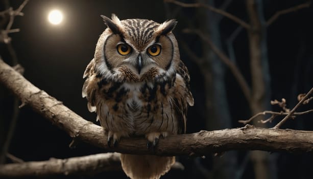 An owl with piercing yellow eyes rests on a branch in a dark, mysterious forest. The owl's plumage is a mix of brown, grey, and black, blending seamlessly with the shadowy background. The air is still, and the only sound is the owl's soft breathing.