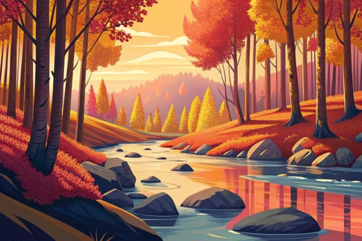 A digital illustration depicts a tranquil stream winding its way through a lush forest, where vibrant autumn colors paint the trees and foliage. The setting sun casts a warm glow over the landscape, creating a peaceful and inviting atmosphere. The details of the leaves, the flowing water, and the distant mountains contribute to the overall beauty of the scene.