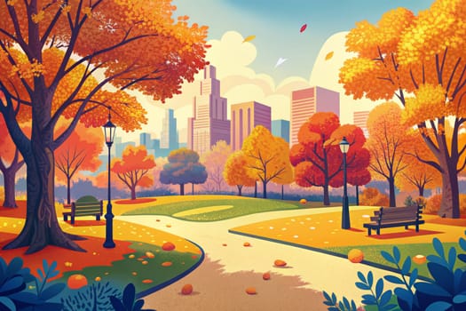 This illustration depicts a peaceful city park during the autumn season, with colorful trees, a winding path, and a bench for rest. The city skyline is visible in the background, adding a touch of urban life to the idyllic scene.
