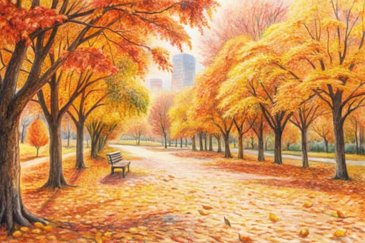 A picturesque painting depicts a tranquil city park blanketed in vibrant autumn foliage. Golden and crimson leaves blanket the ground, creating a carpet of color beneath towering trees. A lone bench sits invitingly on the path, hinting at a moment of peaceful contemplation amidst the natural beauty.