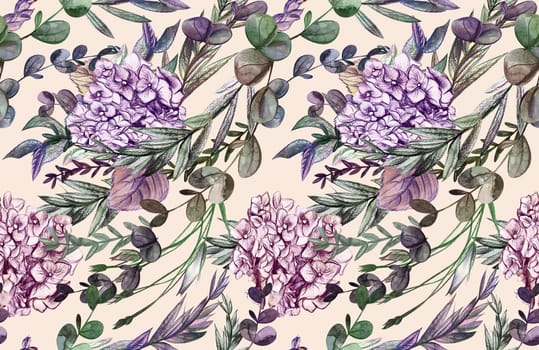 Summer pattern with hydrangea flowers drawn in pencil and watercolor for textiles and design