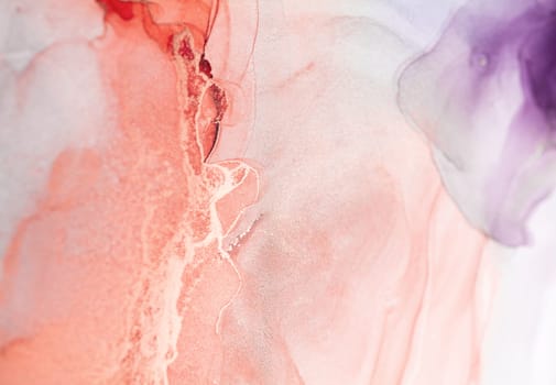 A close-up view of a fluid art painting showcasing swirls of pink, purple, and silver ink.