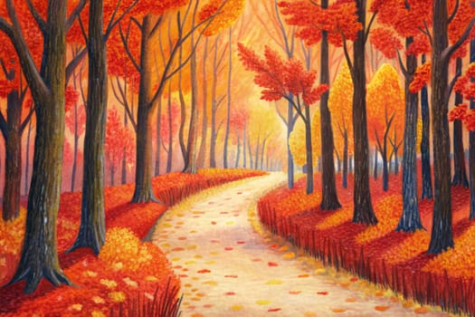 A painting depicting a winding path through a forest with red and yellow trees. The path is lined with fallen leaves, and the trees cast long shadows on the ground. The sun shines through the leaves, creating a warm, inviting atmosphere.