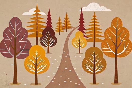 A stylized illustration depicting a winding path through a forest with bare trees, their branches reaching towards a sky filled with bright, twinkling stars. The trees are rendered in a simple, minimalist style, with rounded canopies and delicate black branches. The scene evokes a peaceful and tranquil atmosphere, suggesting a quiet evening stroll through nature.