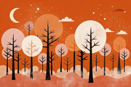 A stylized depiction of an autumn forest, showcasing a vibrant red background with a large orange sun rising above the trees. The trees are depicted with bare branches, indicating the seasons transition. The image conveys a sense of tranquility and beauty, with the warm colors creating a peaceful and serene atmosphere.