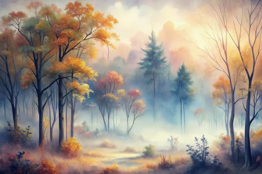 A painting depicting a misty morning in an autumnal forest. The scene is dominated by tall trees with vibrant yellow and orange foliage, creating a warm and inviting atmosphere. A soft, blue-hued fog blankets the ground, adding a sense of mystery and tranquility. The sunlight peeks through the trees, casting a gentle glow on the forest floor.