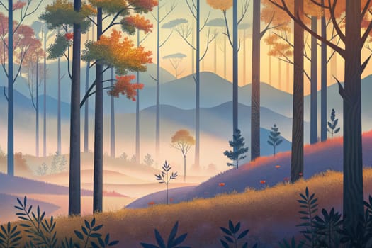 A digital illustration depicts a beautiful autumnal scene with tall trees and rolling hills bathed in the soft glow of a sunrise. The colors are muted and calming, creating a sense of tranquility and peace. The image is a picturesque representation of the beauty of nature during a transitional season.