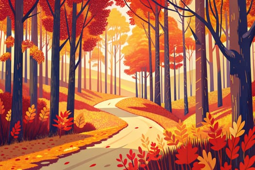 A colorful digital illustration of a winding path through an autumnal forest. The trees are ablaze with vibrant red, orange, and yellow leaves, casting dappled shadows on the path below. The sun shines through the branches, creating a warm and inviting atmosphere.