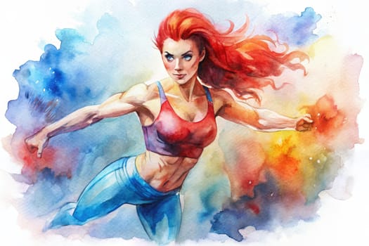 A watercolor painting depicts a powerful woman with flowing red hair wearing a blue sports bra and camo leggings. She is standing in a dynamic pose, her muscles defined and her expression determined. The background is a colorful wash of blue, pink, and yellow hues.