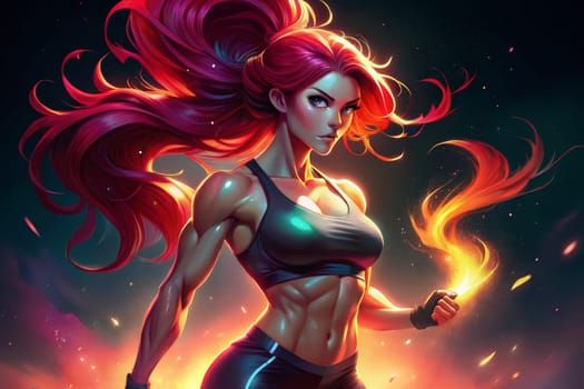 A digital painting depicting a powerful, muscular woman with fiery red hair. She stands with a determined expression, her body radiating an intense energy, as if ready to face any challenge. The fiery hues in the background suggest a burning passion and unwavering spirit within.
