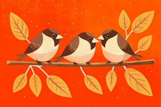 An illustration of three stylized birds perched on a branch with pink leaves against a bright orange background. The birds are white and black, with large eyes and rounded bodies. The leaves are delicate and whimsical, adding to the overall cheerful and playful mood of the artwork.