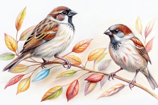 A watercolor illustration of two sparrows perched on a branch with autumn leaves. The leaves are vibrant colors of yellow, orange, and red. The sparrows are facing each other, their beaks slightly open. The painting captures a moment of tranquility and beauty in the autumn season.