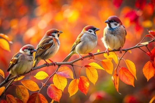 A photograph capturing four birds perched on a branch, amidst a backdrop of vibrant autumn foliage. The birds are brown and grey with distinctive markings, while the leaves showcase a range of warm hues, including yellow, orange, and red. The image exudes a sense of tranquility and the beauty of natures seasonal transformation.