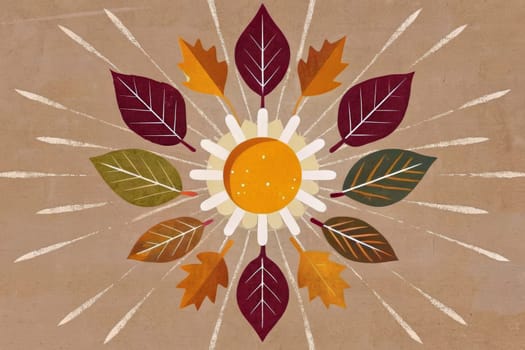 An illustration of a peace sign with an orange background. Surrounding the peace sign are black and peach leaves with a peach flower to the right. The peace sign is encircled by a peach ring with a white outline. There are radiating rays of light emanating from the center of the piece.