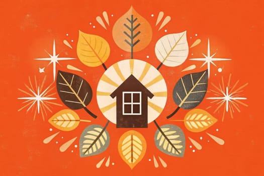 A vibrant illustration of a sunlit autumn day, featuring a central maple leaf with half of its leaves turning brown. The leaves are surrounded by a burst of light rays, symbolizing the warmth of the season.