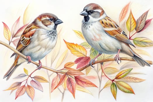 Two sparrows are perched on a branch with autumn leaves. The sparrows are facing different directions, and the leaves are a mix of yellow, orange, and red. The image is a painting, and it is very detailed.