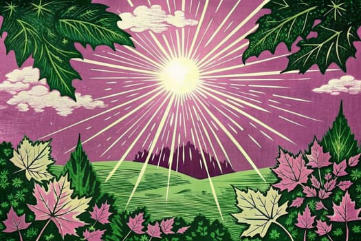 This artwork depicts a peaceful morning landscape with a bright sun shining through a grove of maple trees. The suns rays illuminate the scene in a warm, radiant light, casting a glow on the leaves and the surrounding foliage. The image evokes a sense of tranquility and rejuvenation, capturing the beauty of nature in a simple yet captivating way.