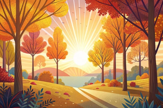 A digital illustration depicting a path winding through a forest of trees ablaze with autumn colors. The sun sets in the distance, casting a golden glow over the landscape.