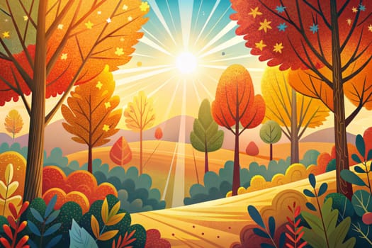 An illustration depicting a sunlit path winding through a forest of trees adorned with vibrant autumnal foliage. The sun beams brightly through the trees, casting warm light on the colorful landscape. The scene evokes a sense of peace and tranquility, inviting viewers to imagine taking a stroll through the forest on a crisp fall day.