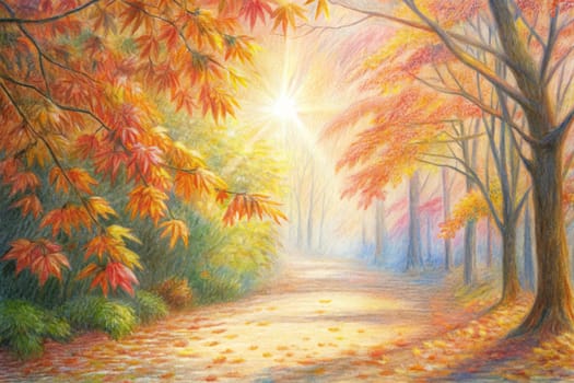 A pencil drawing depicts a picturesque path winding through a forest, bathed in the warm glow of autumn sunlight. The trees are adorned with vibrant hues of yellow, orange, and red, creating a breathtaking display of fall foliage. The suns rays pierce through the leaves, casting long shadows on the path ahead, inviting the viewer to take a stroll into the captivating beauty of nature.