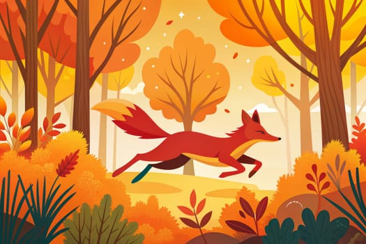A fox with a reddish-brown coat leaps through a colorful forest filled with vibrant autumn foliage. Leaves fall from the trees, creating a beautiful scene of the changing seasons.