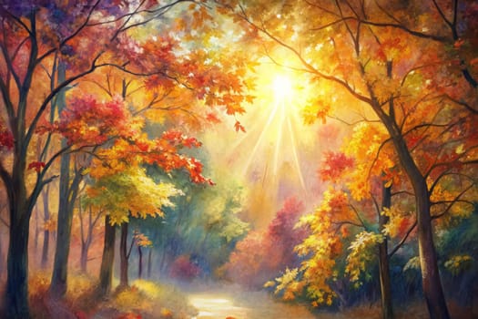 A painting depicting a sun-drenched forest path, with vibrant autumn foliage in shades of yellow, red, and orange. The light filters through the trees, casting a warm, golden glow on the ground.