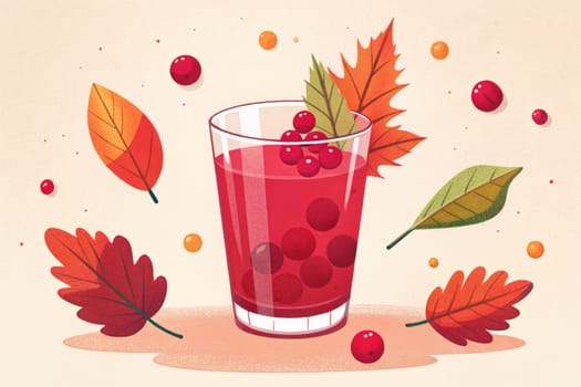 A glass of ruby-red juice filled with crimson berries sits on a soft peach background, surrounded by falling autumn leaves in various shades of orange and red.
