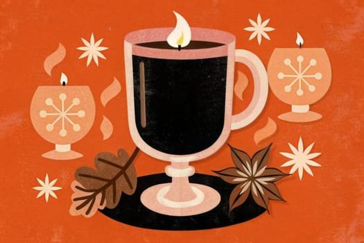 A steaming mug of spiced cider or tea is depicted with a lit candle on top, surrounded by orange slices, star anise, and autumn leaves. The warm colors and festive imagery evoke a sense of cozy comfort and holiday cheer.