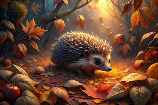 A hedgehog walks through a forest floor covered in fallen autumn leaves, the sun shining through the branches overhead. The hedgehog is small and brown with a spiky back. Its eyes are dark and curious as it navigates the colorful leaf litter.