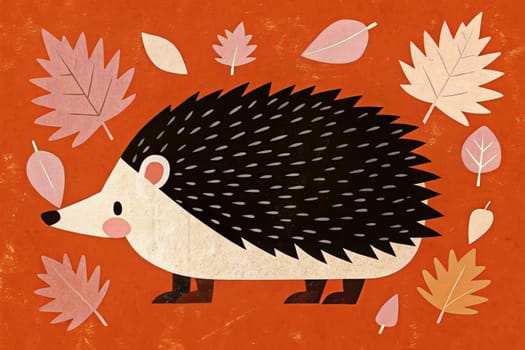 A hedgehog with black and gray spines stands on an orange background. Surrounding the hedgehog are scattered, brightly colored autumn leaves, swirling around it as they fall.